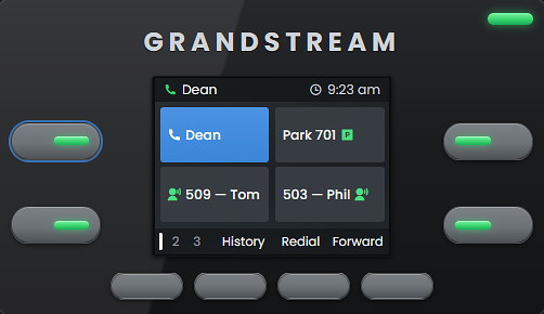 Grandstream GRP phone screen showing provisioned BLF keys for Dean, Park 701, Tom and Phil